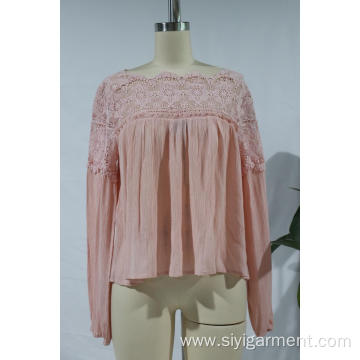 Round Neck Lady Ruffle Sleeve Blouse Lace